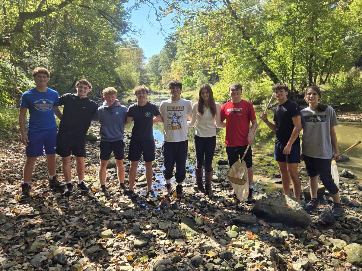 Students lining up by the stream (L to R): Liam Rienerth, Matty Jirmasek, Steven Polasko, Shane Korinek, Jamie Panichi, Giada Spisak, Sonny Sears, Sam Bernhardt, Tatiana Randjelovic