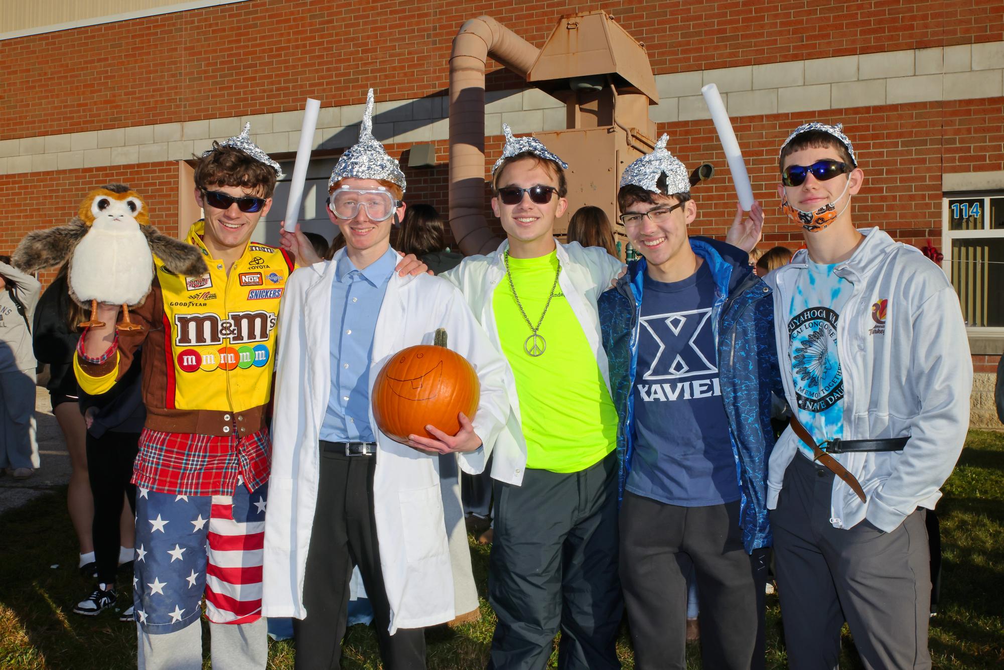 Dressed for Wacky Wednesday, Seniors Matthew Shamblen, Grady Wachs, Matthew Liepert, Nathan Lu, and Tate McGovern participated in the annual Pumpkin Drop.