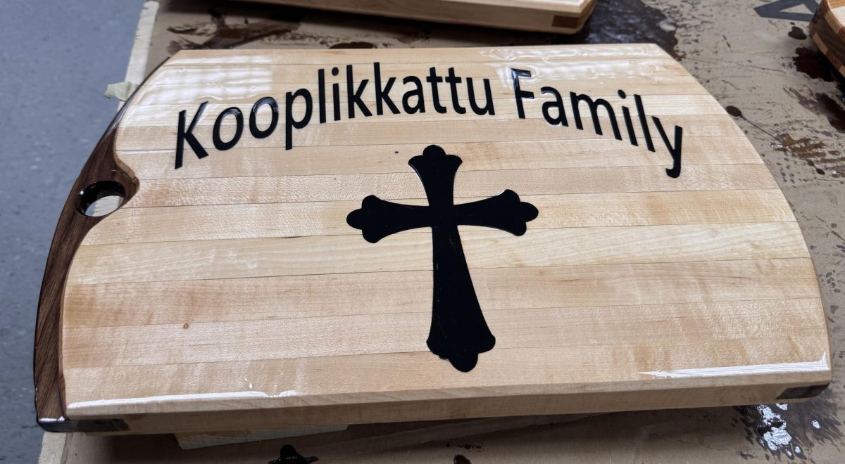 Freshman Abel Sajan's cutting board from Mr. Mike Foor's class. 