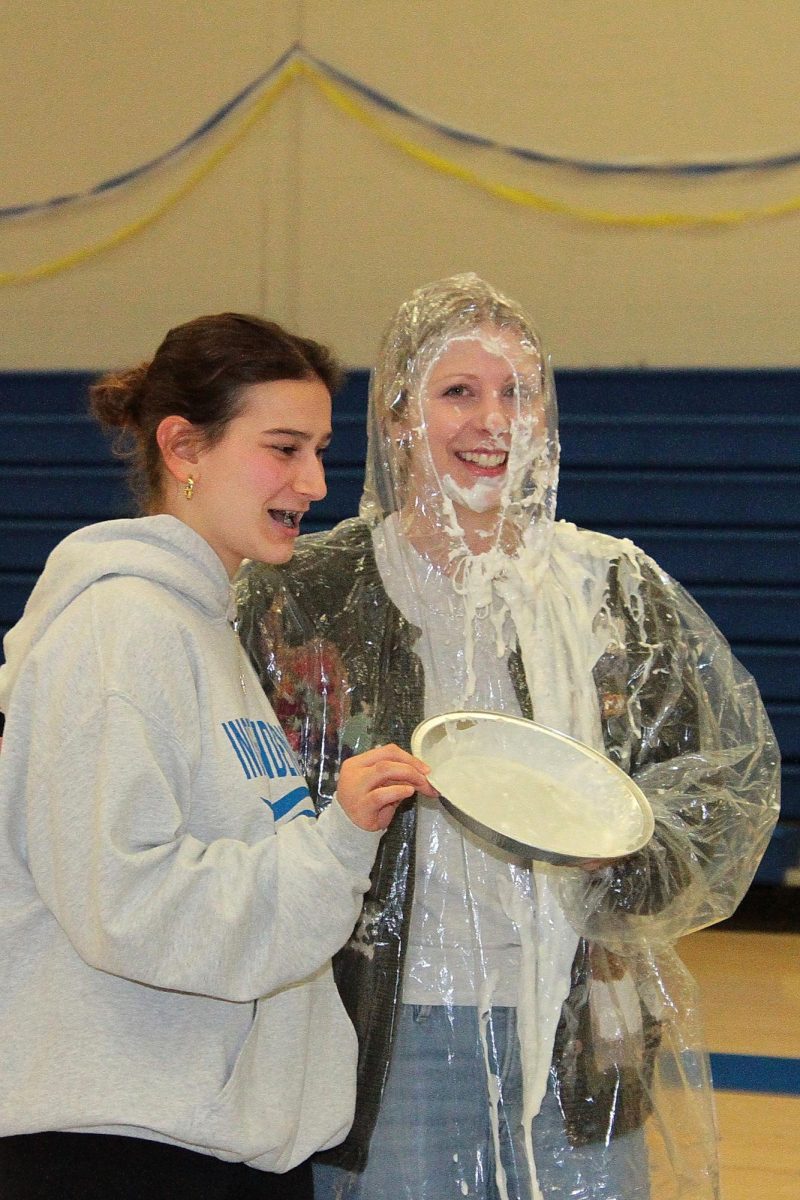 Mrs. Sheryl Luoma after being pied by Freshmen Lauren Olexa.