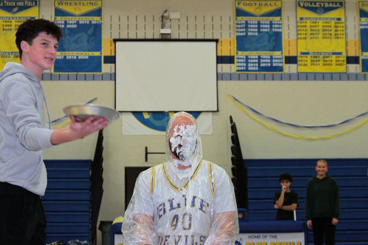Mr. Matt Grendel after being pied by Junior Ryan Suhy.