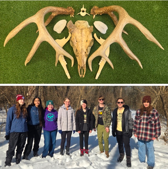 Collection of deer bones and antlers (top) and group photo during the hike (bottom): Lilia Pawuk, Melina Rodriguez, Quincy Carlisle, Rylee Shepard, Samantha Kandzer, Paul Kundmueller, Matthew Liepert, Tatiana Randjelovic
Not pictured: Josie McNamara