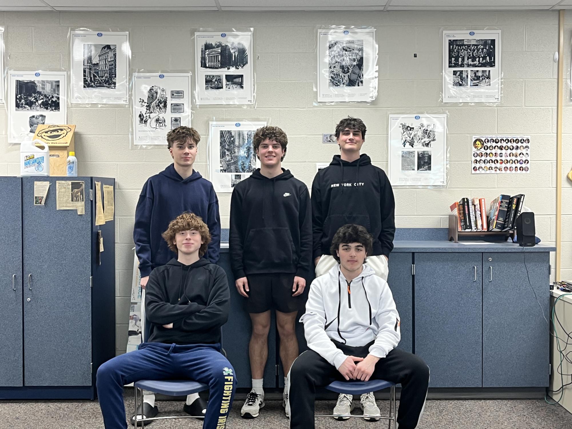 Contestants in the Ohio Stock Market Challenge.
Back: Sophomore Patrick Boc, Sophomore Mitchell Creel, Senior Anthony Sobonya
Front: Sophomore Owen Malone, Senior Vinnie Carriero