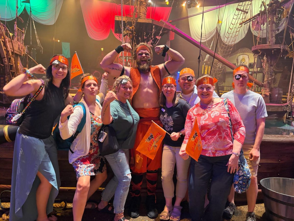 Chaperones pose with Andre the pirate! (Katie Averre, Mrs. Gretchen Obrovac, Jess Vollman, Andre, Amanda Mikolic, Jason Lu, Nada Montegomery, Matt Perlmen)