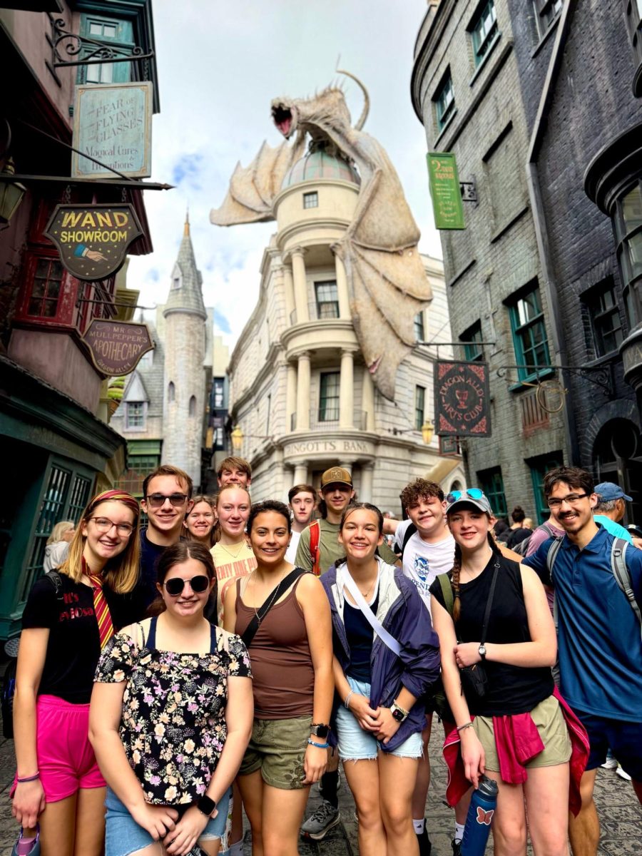 Wizards posing in the Diagon Alley
(Back row: Rylee Shepard, Matthew Liepert, Samantha Kandzer, Paul Kundmueller, Della Hanawalt, Sam Perlman, Liam Barstow, Finn McNamara, Nathan Lu) (Front row: Colleen Coletta, Alexis Brody, Lucy Lu, Emilia Mikolic)