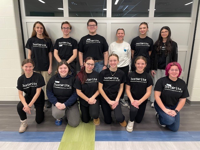 Just Write Team shown earlier this year: (Back Row) Tatiana Randjelovic, Matthew Liepert, Robby Kalman, Veronica Kaspersky, Adriana Randjelovic, Sehajveer Rai (Front Row) Samantha Kandzer, Mes Sheehan, Caitlyn Barry, Pennelope McGurr, Nicole Mehosky, and Marian Carlisle.